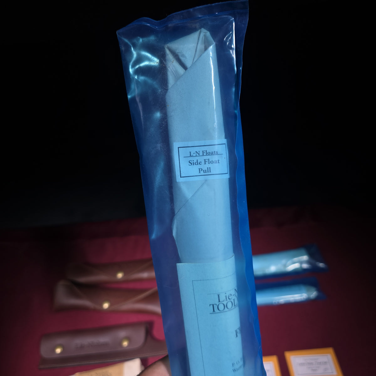 Grouping of Modern Brand New Lie-Nielsen Toolworks Tools including Latta Inlay Radius Cutter with Blades, Side Float Pull, Small Cheek Pull, Large Cheek Pull, Two Brushes, and Three Leather Cases