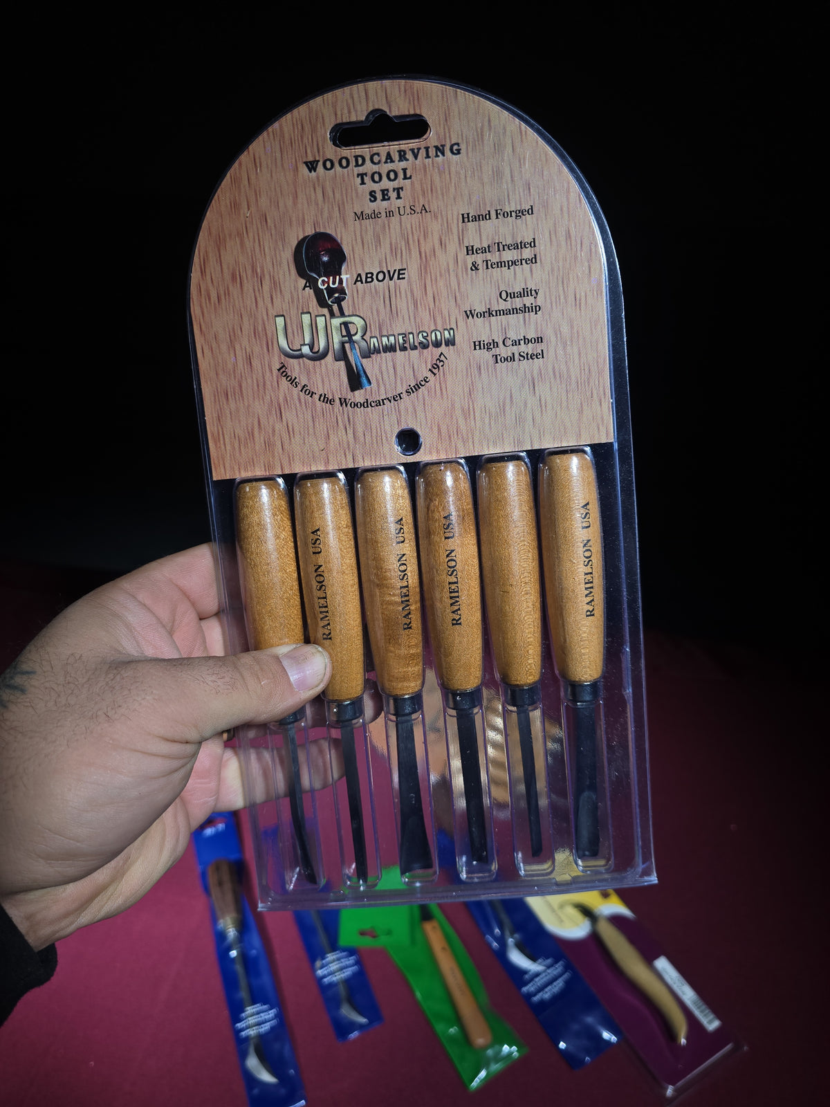 Grouping of Modern Brand New Woodcarving and Woodworking Tools including Two U.J. Ramelson Woodcarving Tool Sets, Auriou Curved Ironing Rasps, Flexcut Mini-Chip Knife, and Woodcraft Carving Knife
