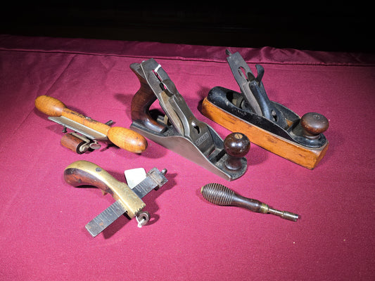 Grouping of Five Antique and Vintage Woodworking Tools including Stanley Bailey No. 3 Bench Plane, Stanley Router Plane, and R. Sauerbier Newark, New Jersey Marking Gauge