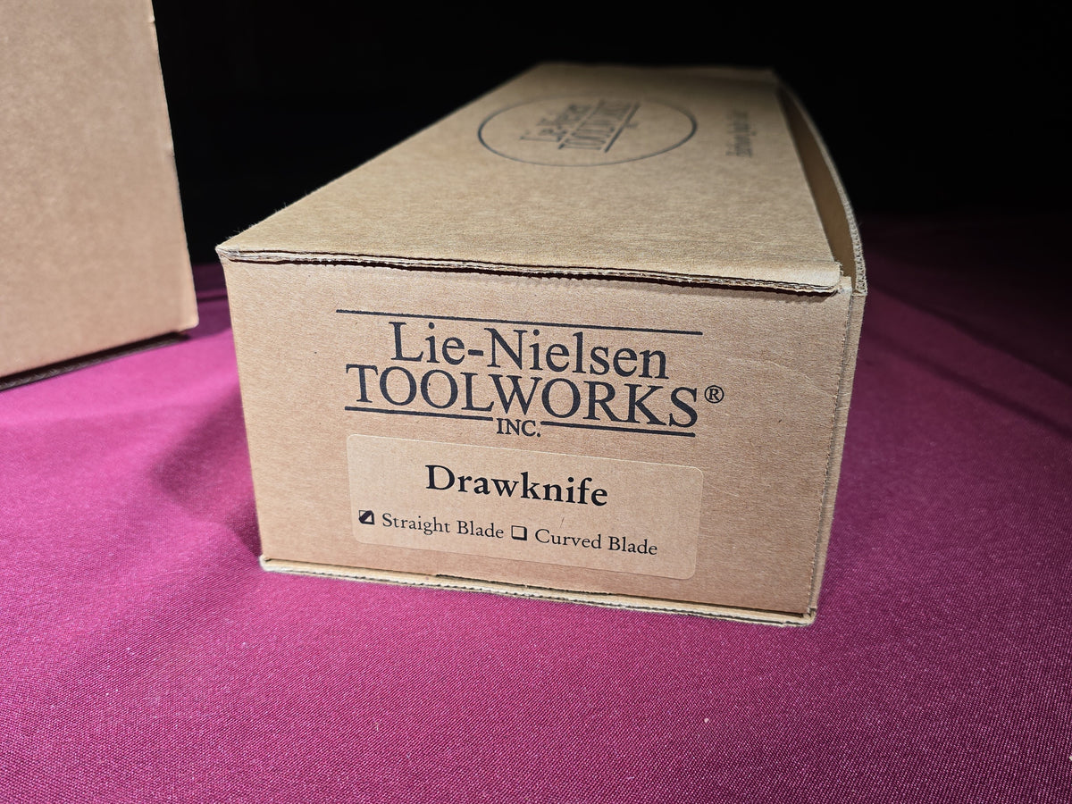 Pair of Modern Brand New Lie-Nielsen Toolworks Drawknives including Straight Blade and Curved Blade, New in Box with Leather Sheaths