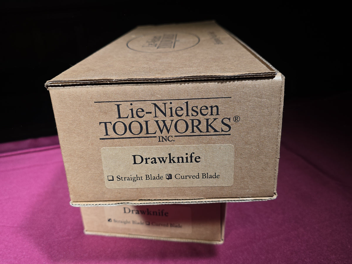 Pair of Modern Brand New Lie-Nielsen Toolworks Drawknives including Straight Blade and Curved Blade, New in Box with Leather Sheaths