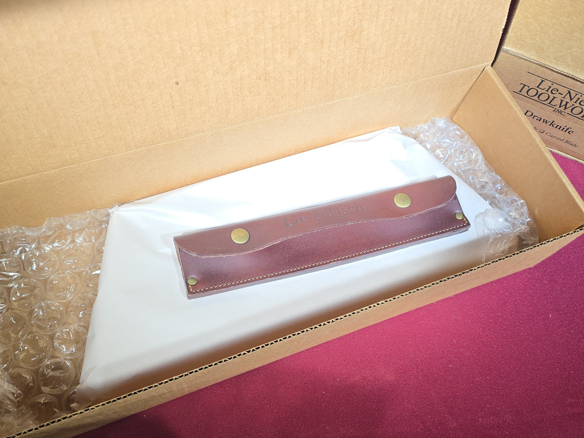 Pair of Modern Brand New Lie-Nielsen Toolworks Drawknives including Straight Blade and Curved Blade, New in Box with Leather Sheaths