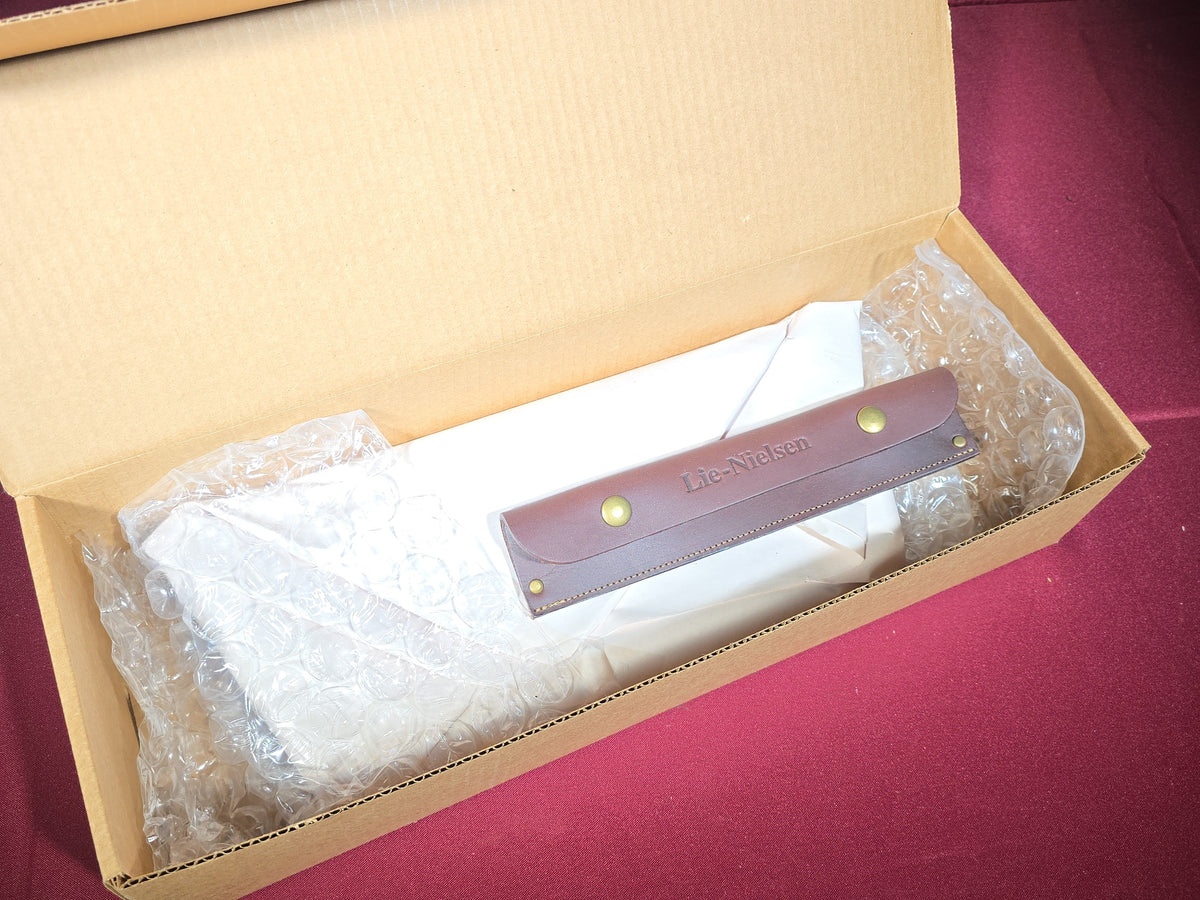 Pair of Modern Brand New Lie-Nielsen Toolworks Drawknives including Straight Blade and Curved Blade, New in Box with Leather Sheaths