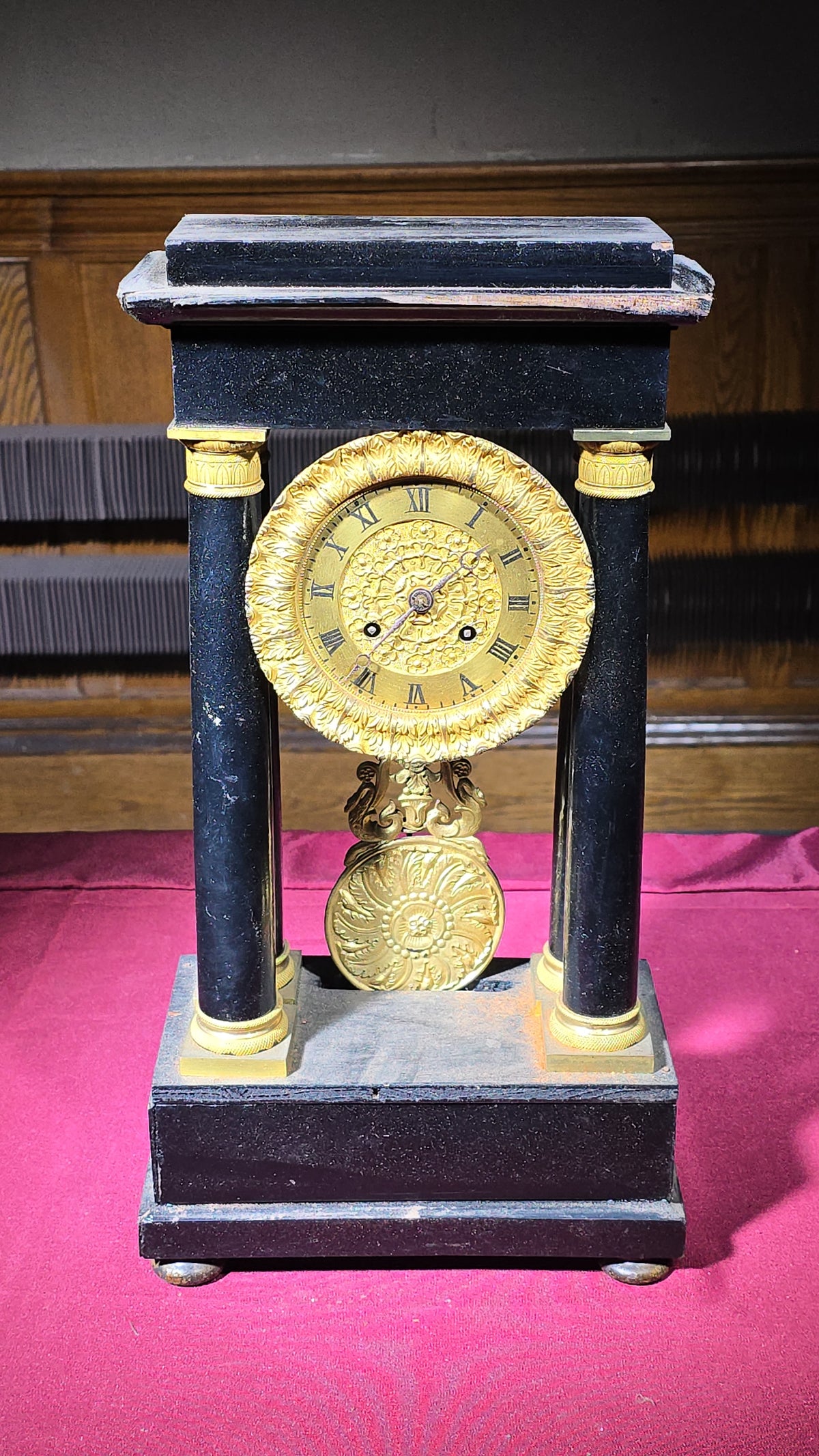 Antique French Portico Mantel Clock with Gilt Brass Dial and Pendulum