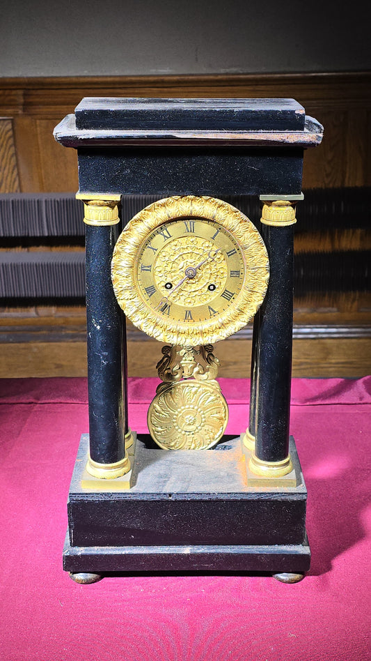 Antique French Portico Mantel Clock with Gilt Brass Dial and Pendulum