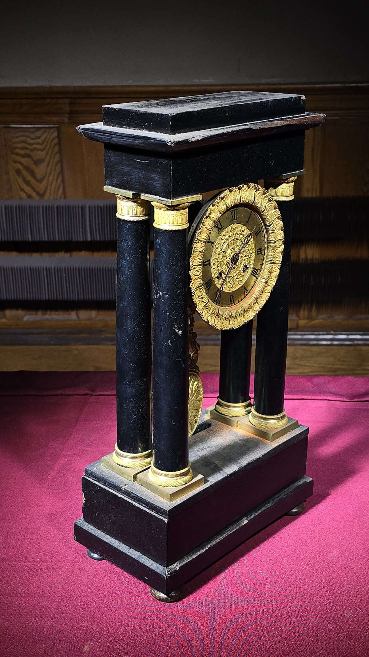 Antique French Portico Mantel Clock with Gilt Brass Dial and Pendulum