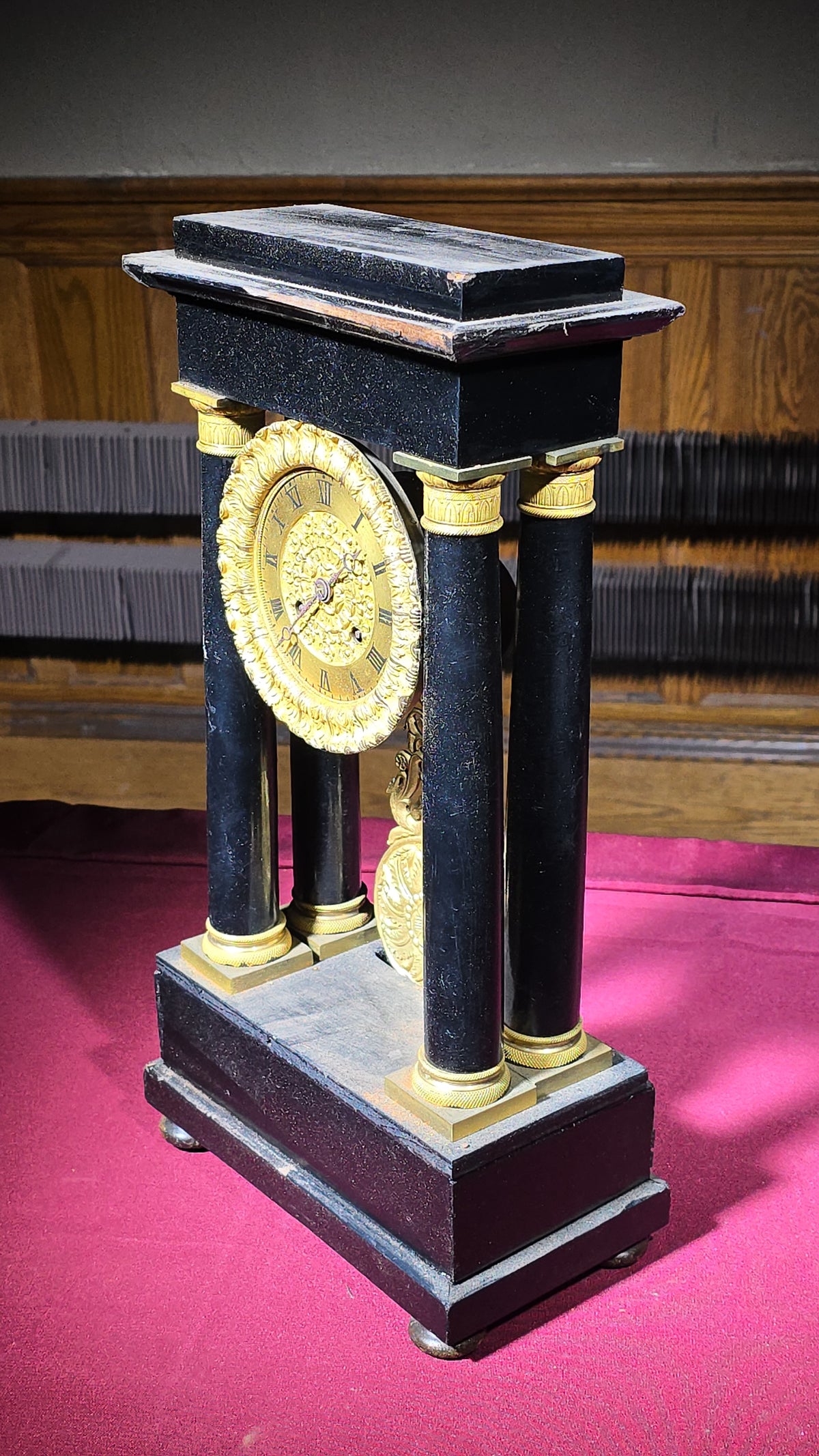 Antique French Portico Mantel Clock with Gilt Brass Dial and Pendulum