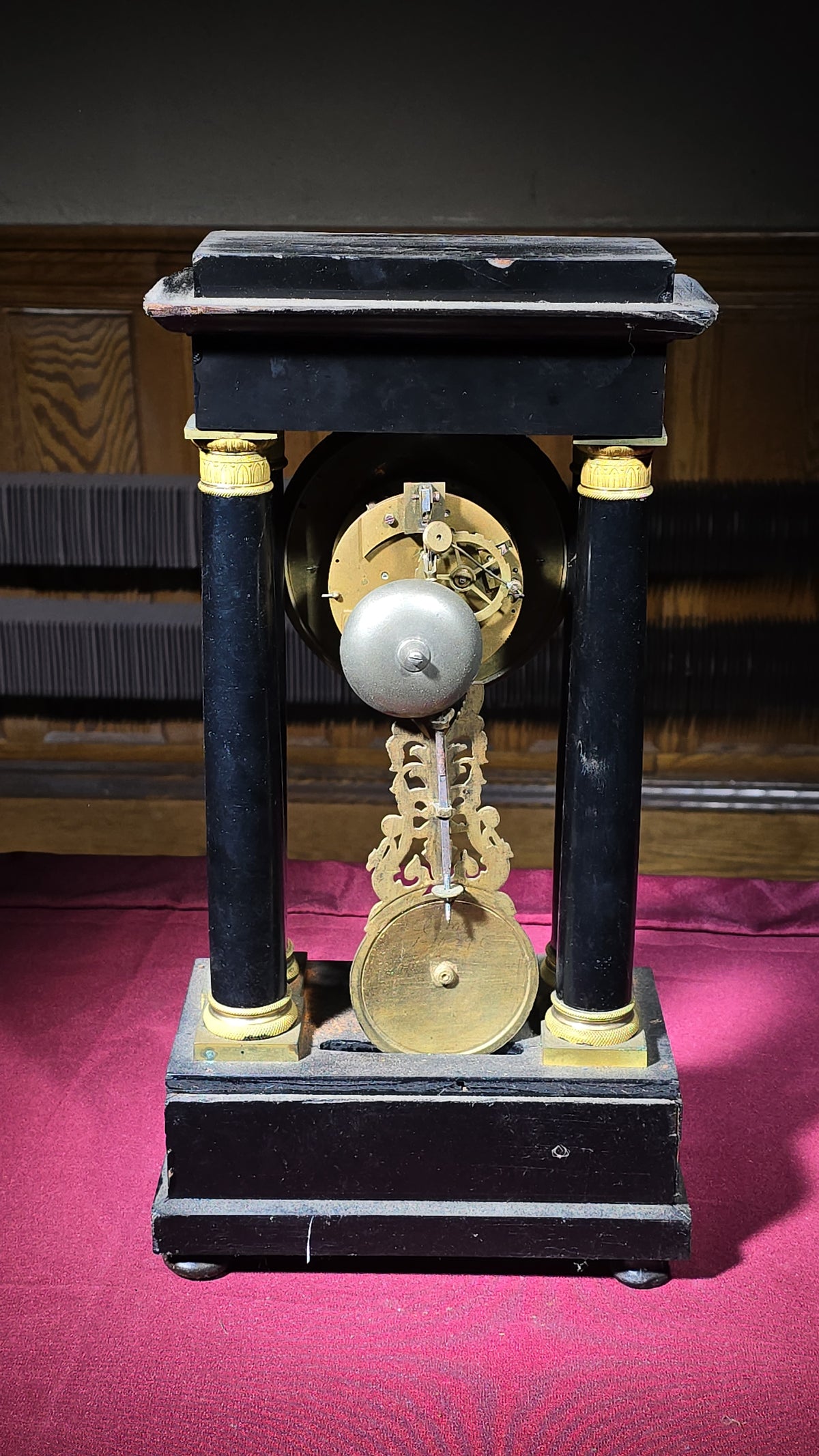 Antique French Portico Mantel Clock with Gilt Brass Dial and Pendulum