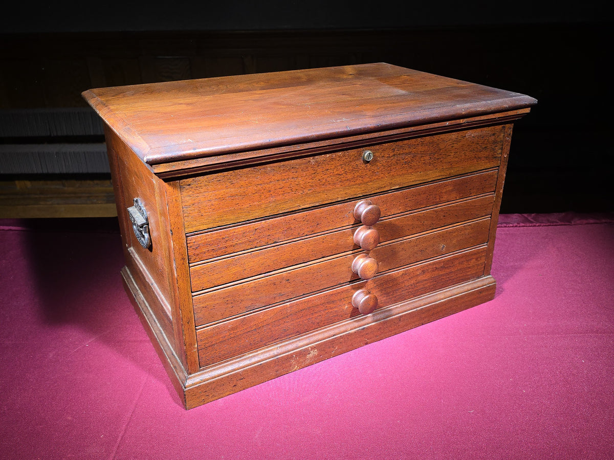 Antique Wooden Machinist's Tool Chest with Four Drawers and Hinged Lid