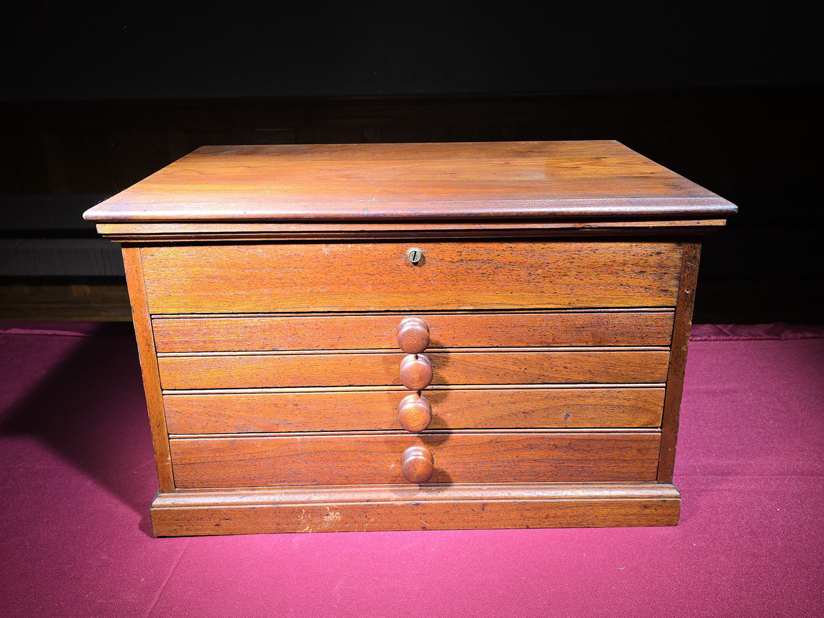 Antique Wooden Machinist's Tool Chest with Four Drawers and Hinged Lid