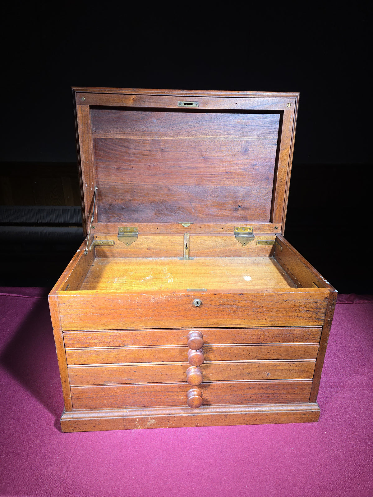 Antique Wooden Machinist's Tool Chest with Four Drawers and Hinged Lid