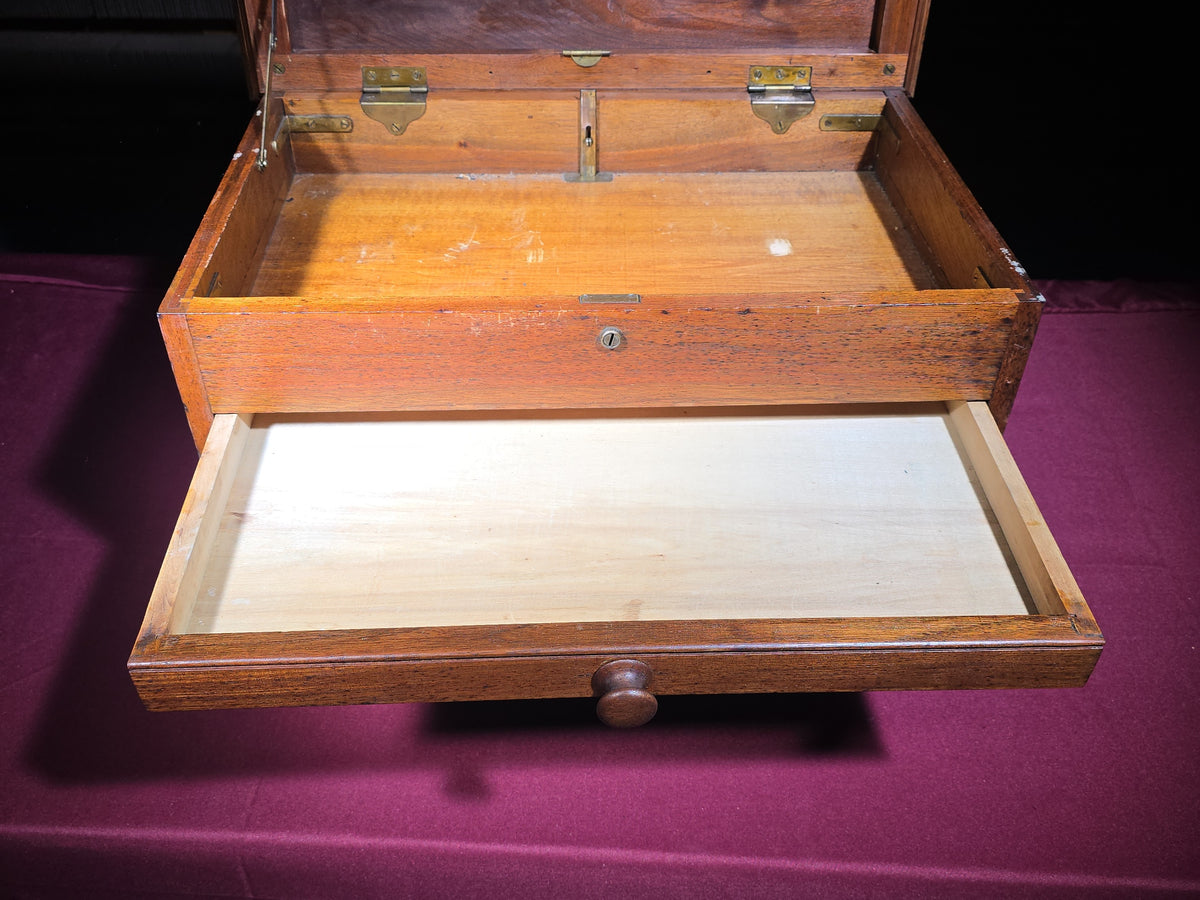 Antique Wooden Machinist's Tool Chest with Four Drawers and Hinged Lid