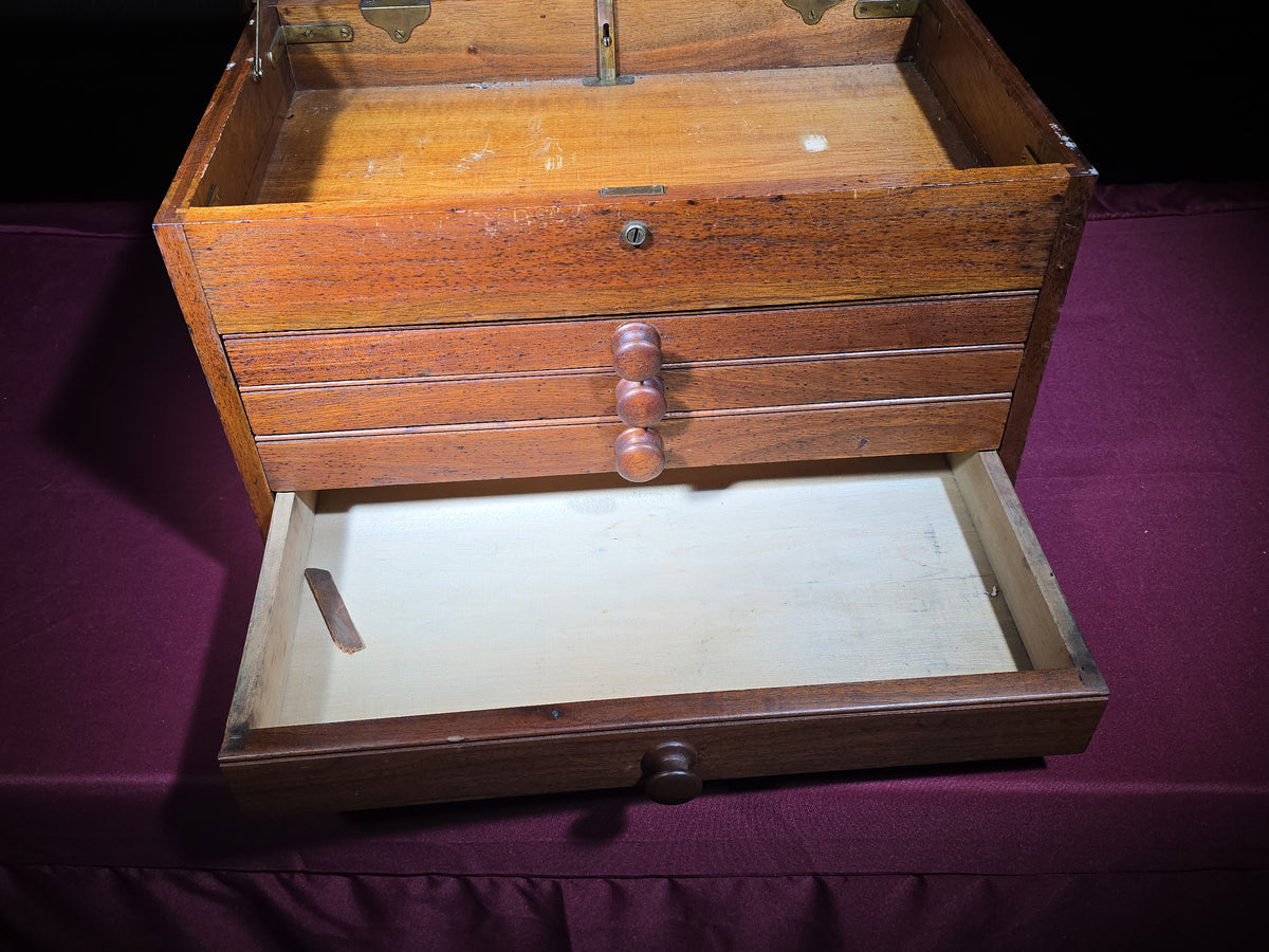 Antique Wooden Machinist's Tool Chest with Four Drawers and Hinged Lid