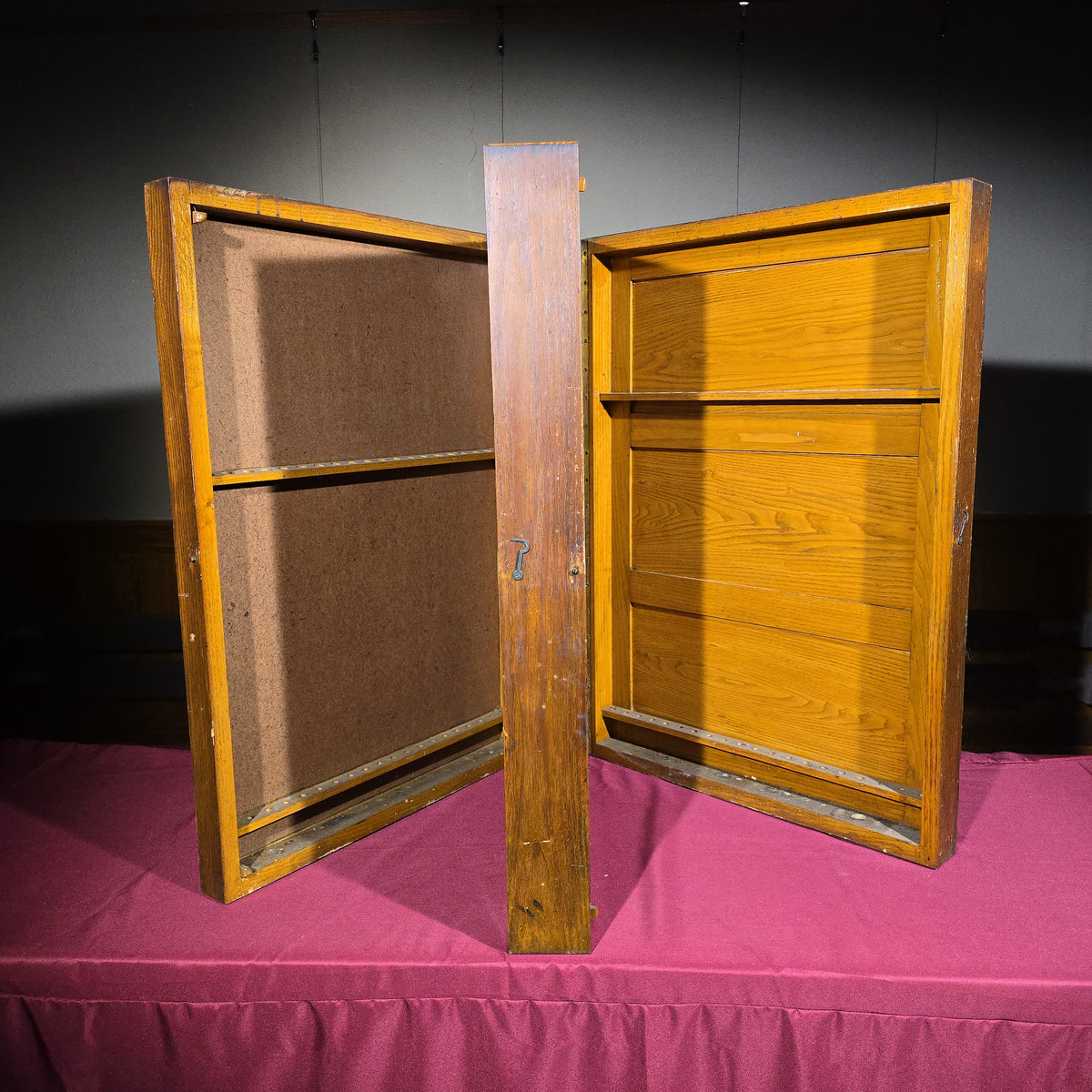 Antique Oak Wall-Mount Tool Cabinet with Hinged Fold-Out Doors