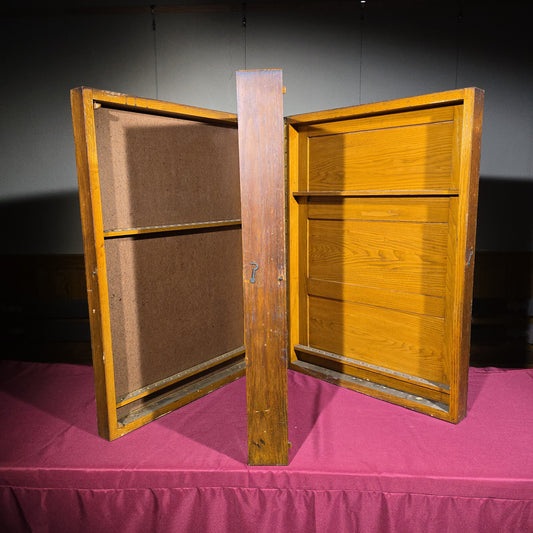 Antique Oak Wall-Mount Tool Cabinet with Hinged Fold-Out Doors