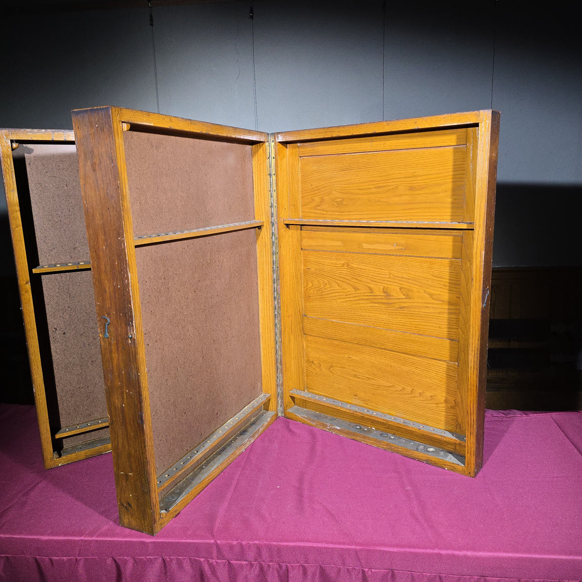 Antique Oak Wall-Mount Tool Cabinet with Hinged Fold-Out Doors