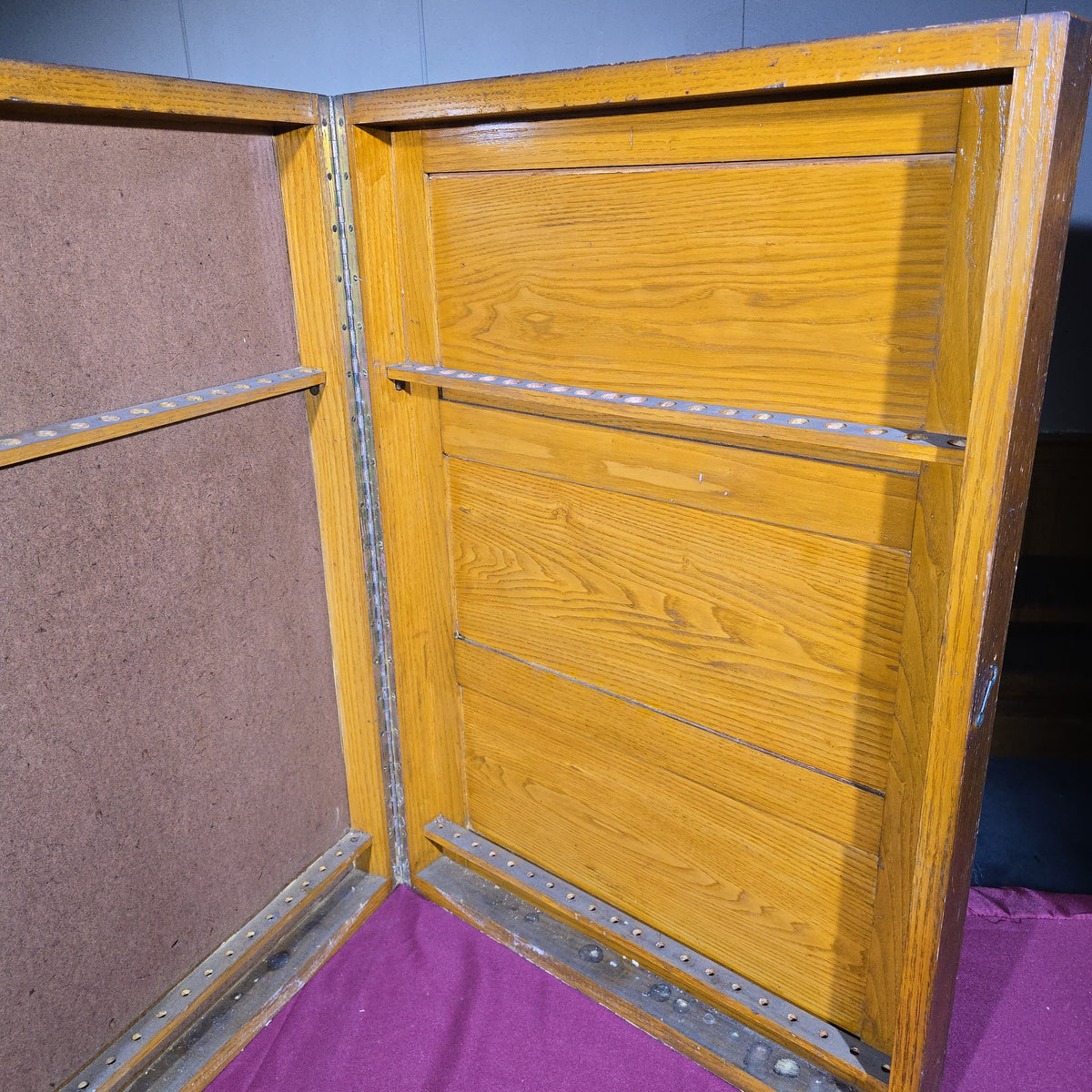 Antique Oak Wall-Mount Tool Cabinet with Hinged Fold-Out Doors