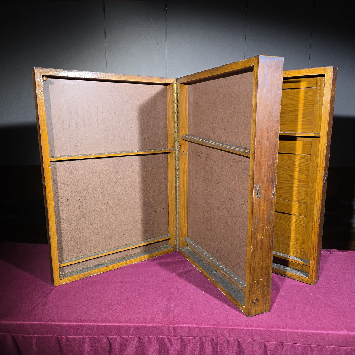 Antique Oak Wall-Mount Tool Cabinet with Hinged Fold-Out Doors