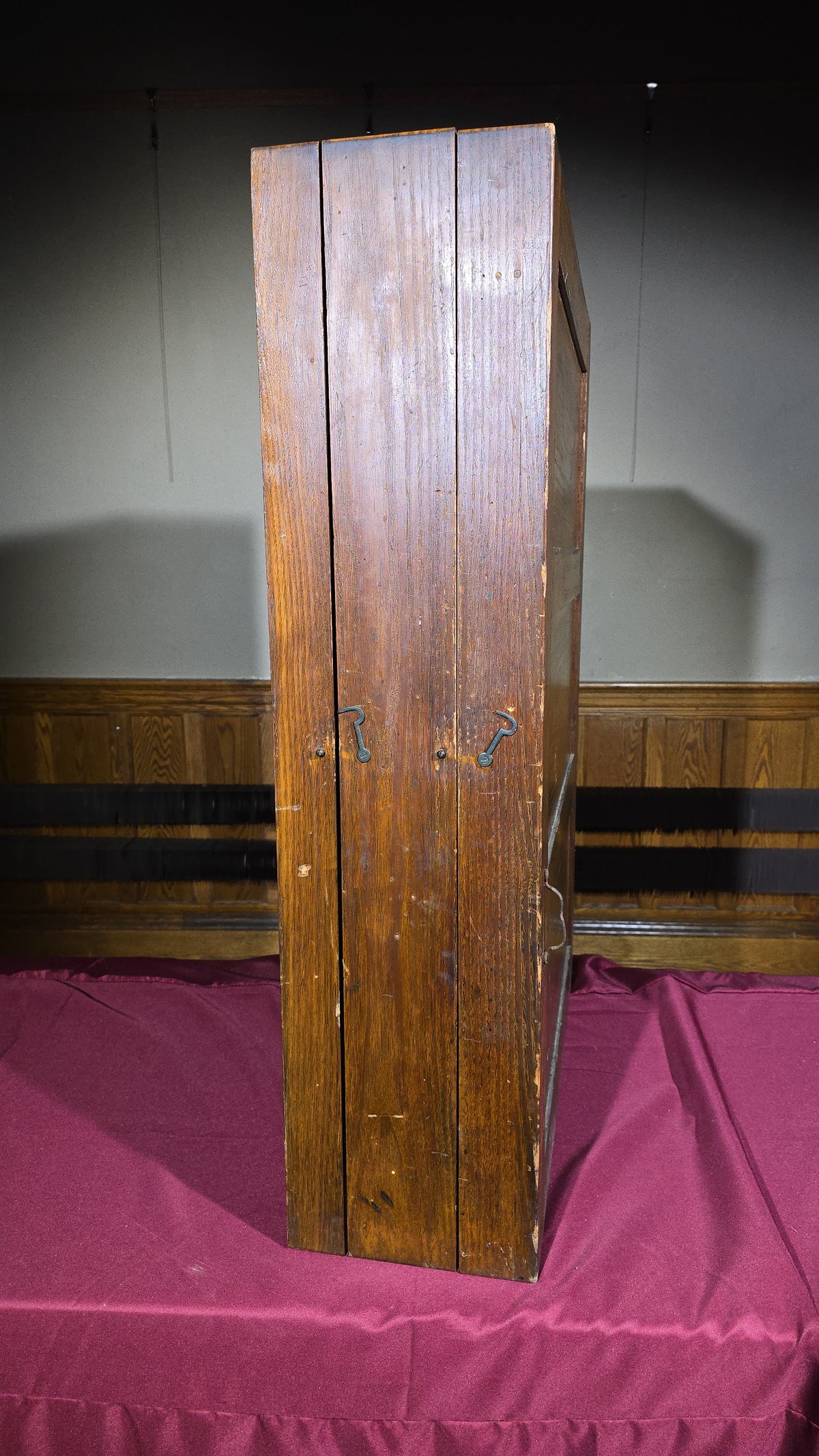 Antique Oak Wall-Mount Tool Cabinet with Hinged Fold-Out Doors