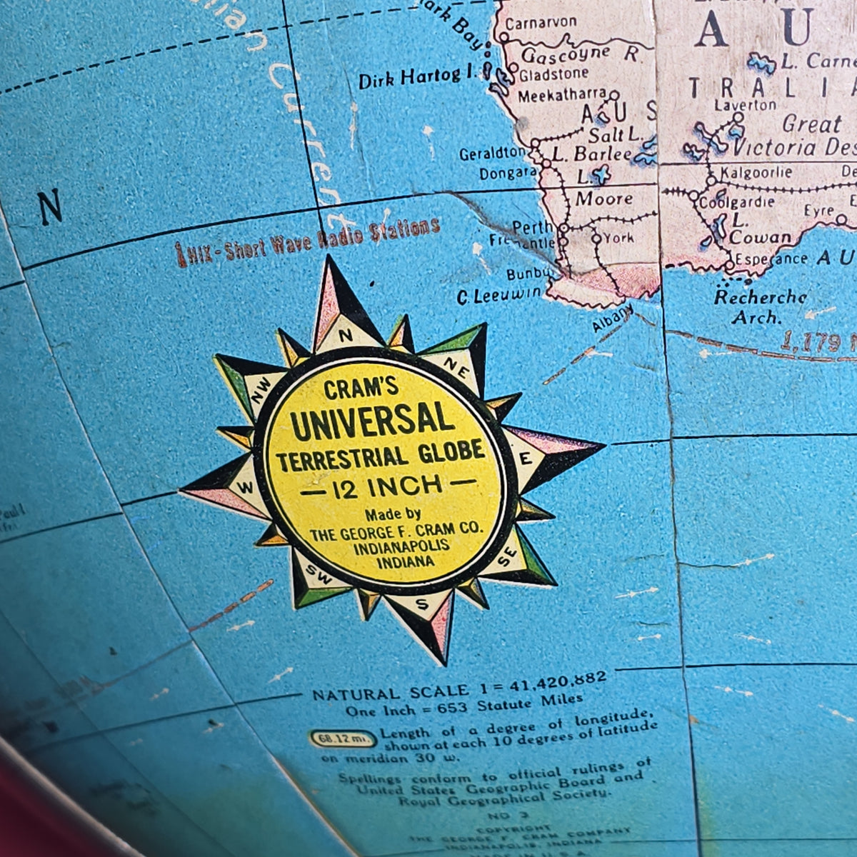 Vintage Cram's Universal Terrestrial Globe, Manufactured by The George F. Cram Company, Indianapolis, Indiana