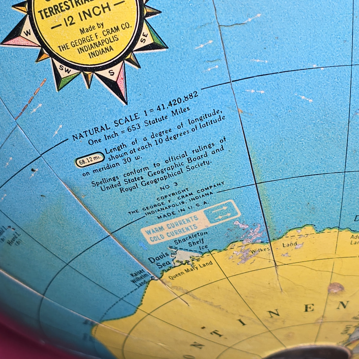 Vintage Cram's Universal Terrestrial Globe, Manufactured by The George F. Cram Company, Indianapolis, Indiana