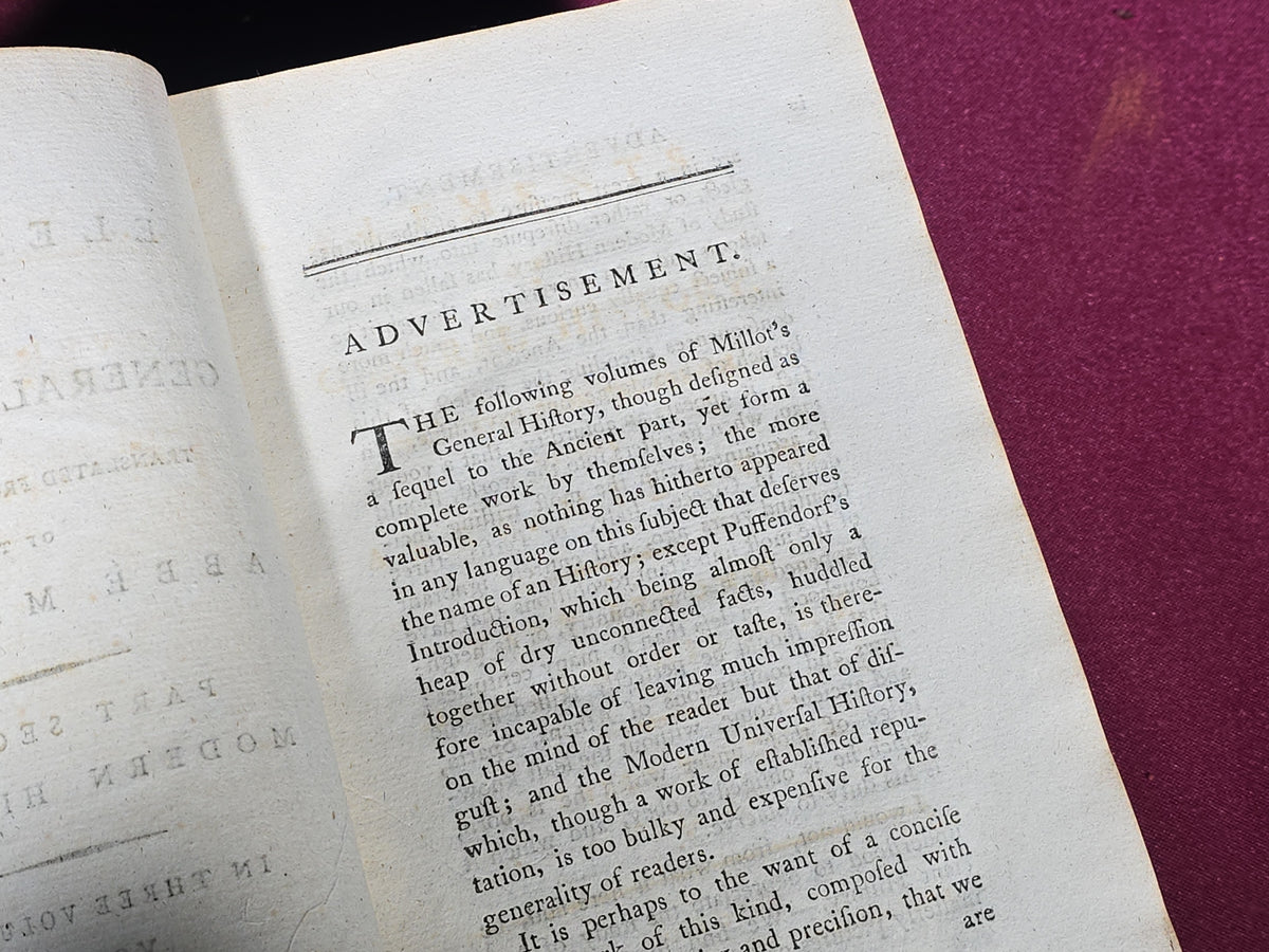 "Elements of General History" Antique Three-Volume History Book Set by Abbe Millot, Published by W. Strahan and T. Cadell, London, 1779