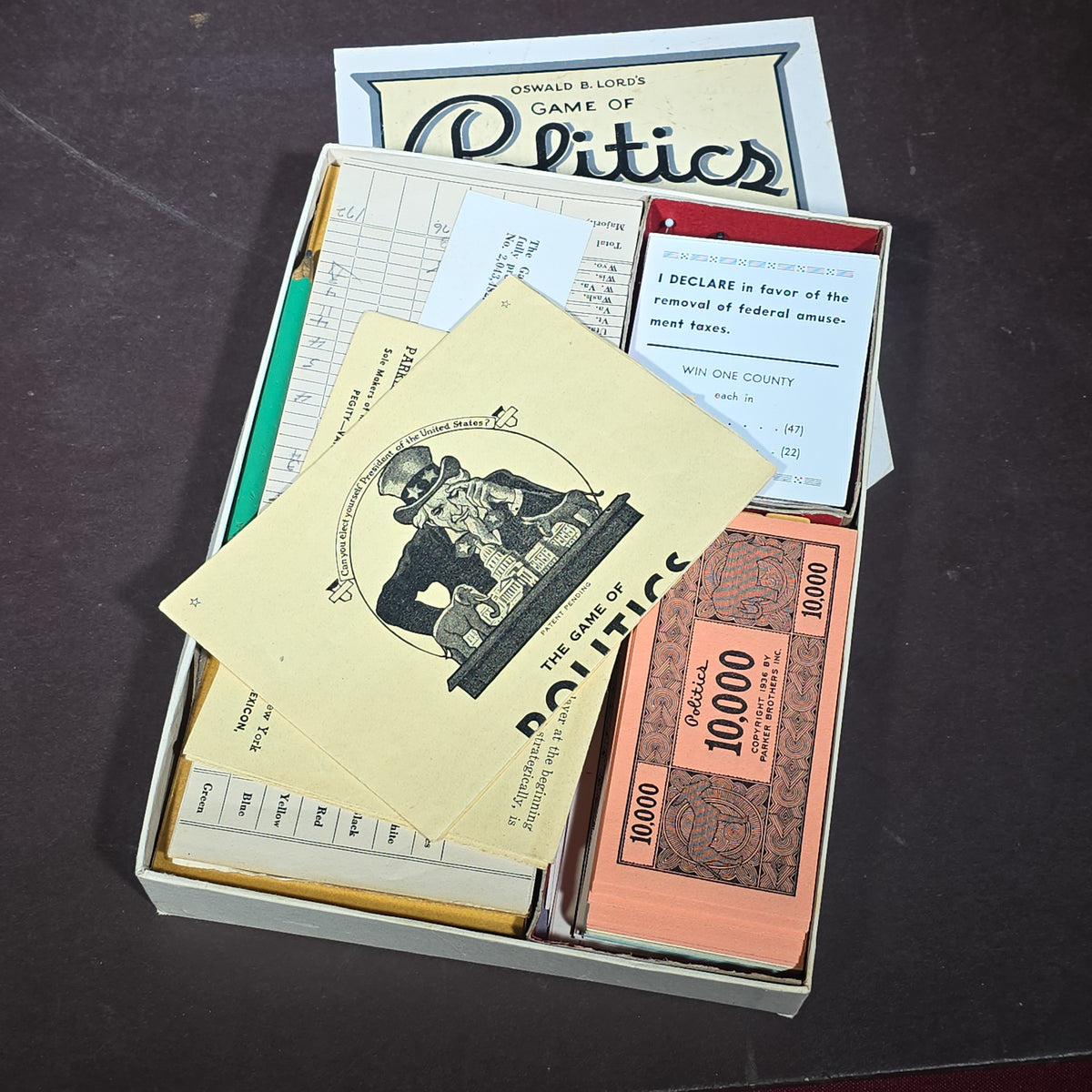 Antique Oswald B. Lord's Game of Politics Board Game, Published by Parker Brothers, 1935