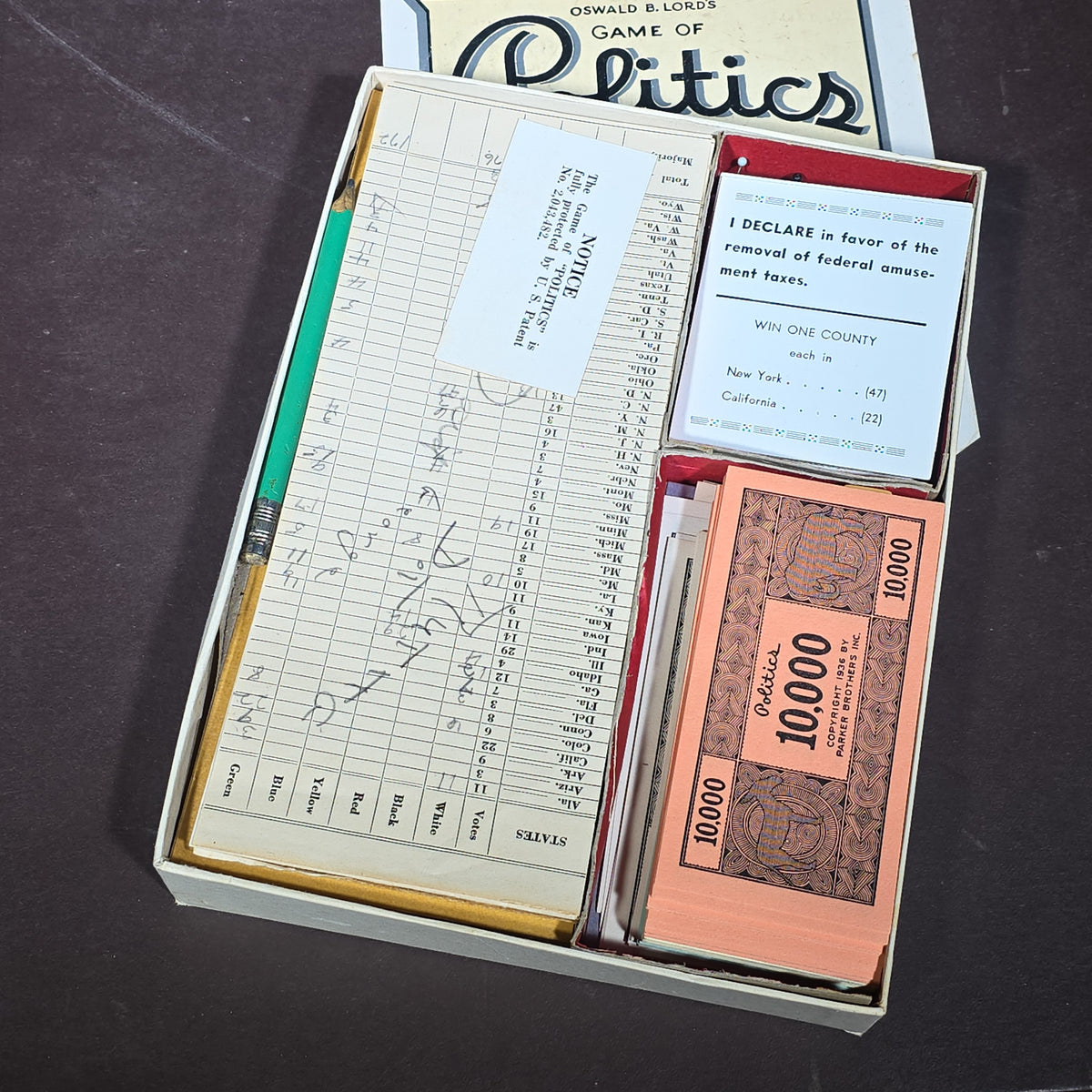 Antique Oswald B. Lord's Game of Politics Board Game, Published by Parker Brothers, 1935