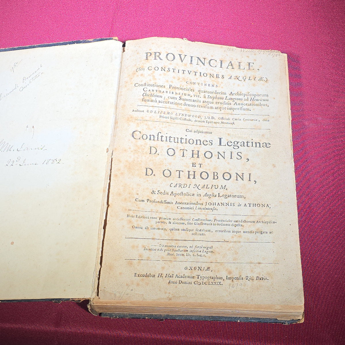 Pair of Antique Latin Books including "Provinciale" by Gulielmo Lyndwood, Oxford, 1679, and "Manuale Chori seu Vesperale Romanum," Bruntruti, 1785