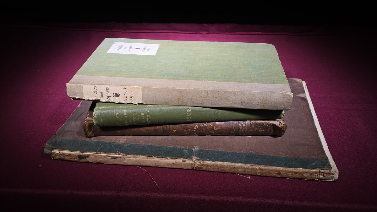 Grouping of Four Antique Books including "Pericles and Aspasia" Limited Edition No. 105, 1903, and "Report of the State Botanist" 1895 with Color Mushroom Plates