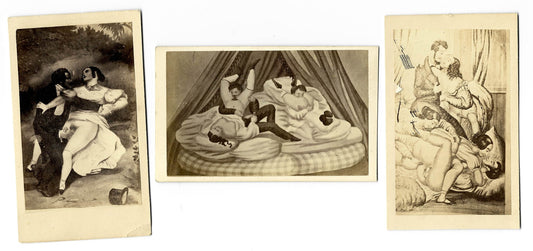 Trio of Antique Illustrated Carte de Visite C.D.V. Filler Cards Depicting Risque Scenes with Sex Acts