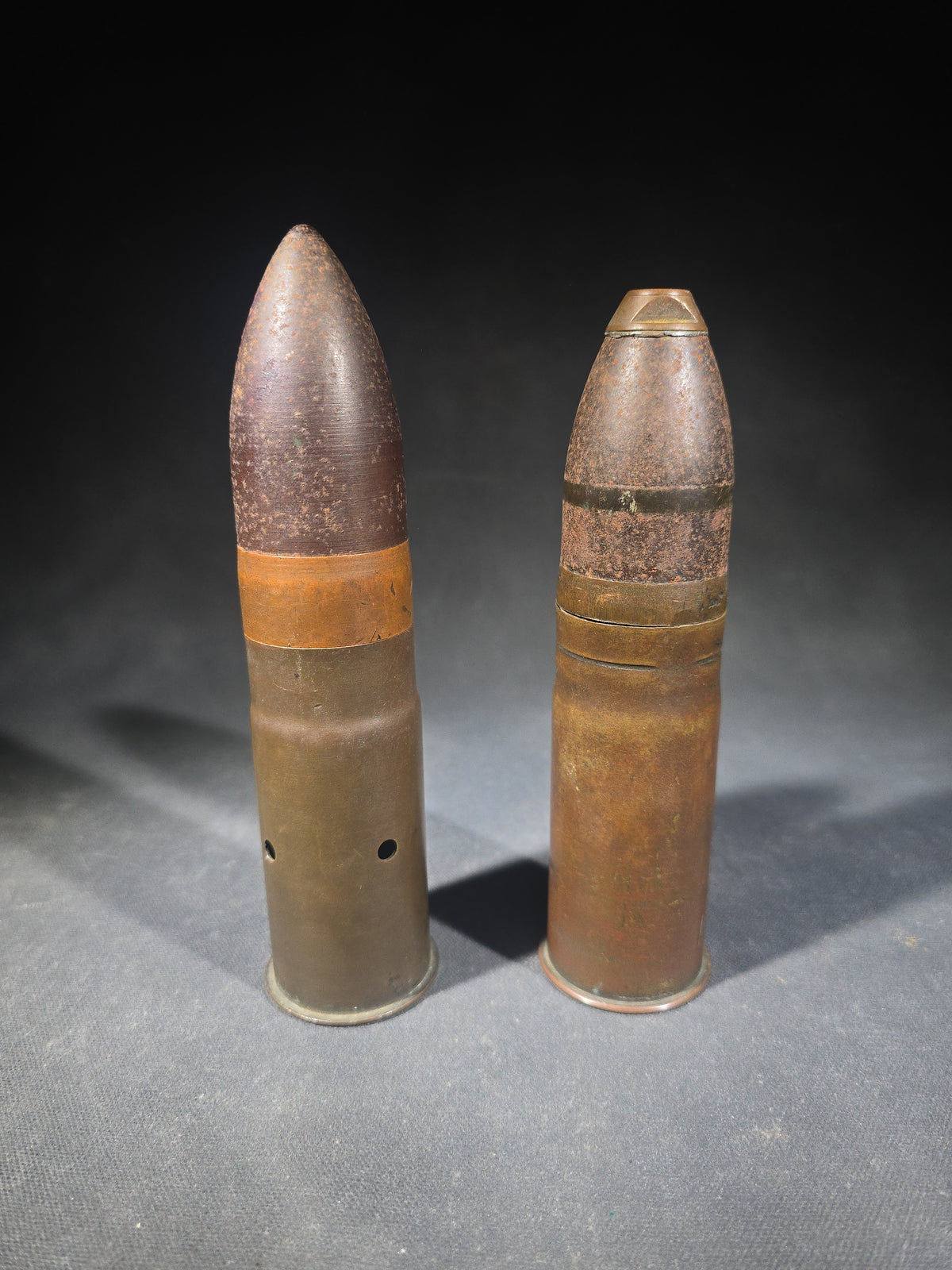 Pair of Antique Inert 37mm Artillery Shell Rounds, One Stamped "37mm Gun Model of 1916" with Lot Number