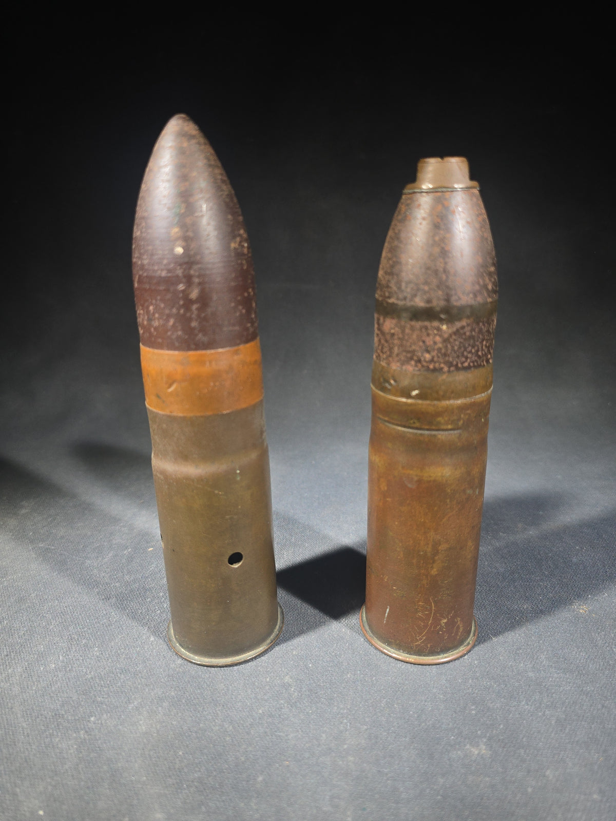 Pair of Antique Inert 37mm Artillery Shell Rounds, One Stamped "37mm Gun Model of 1916" with Lot Number