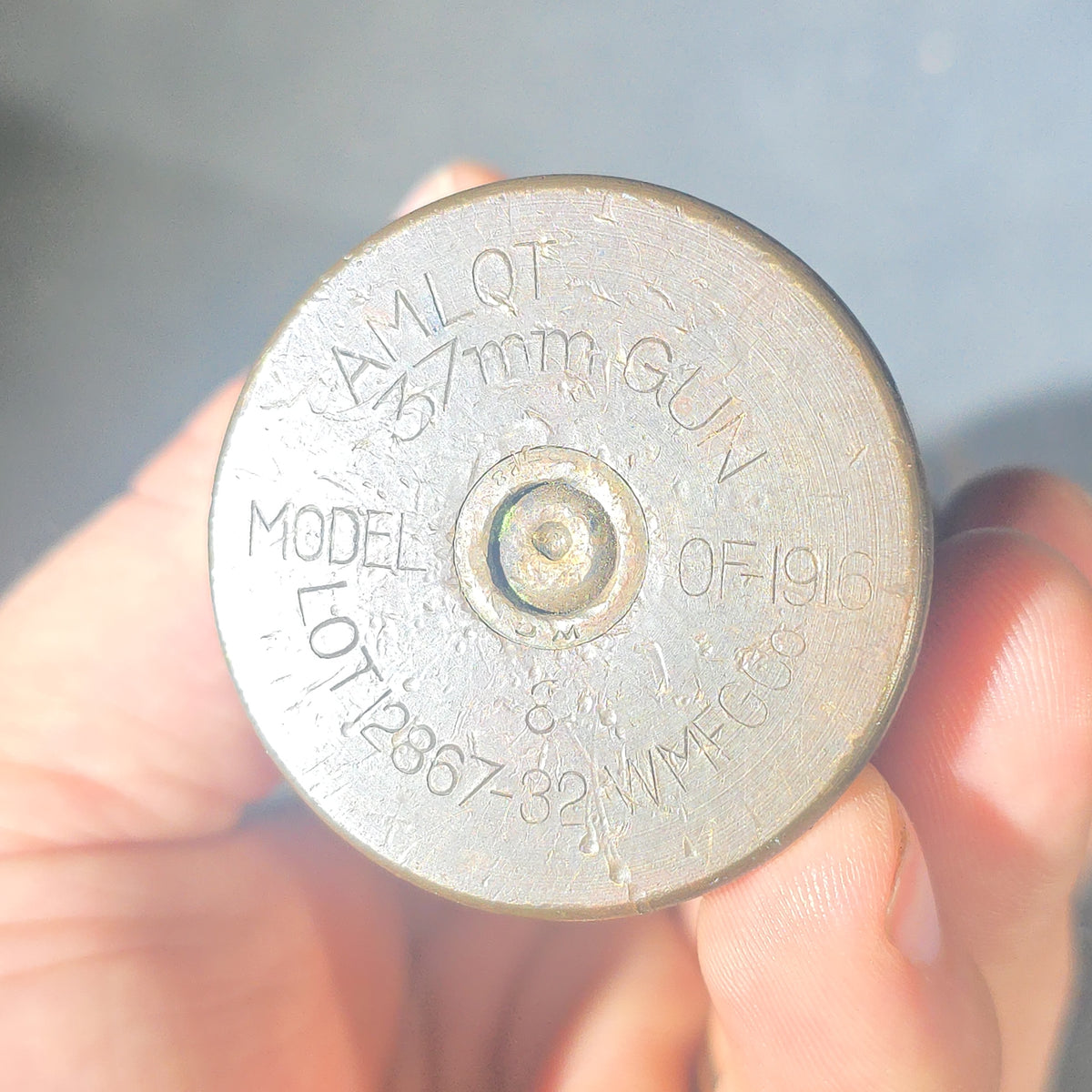 Pair of Antique Inert 37mm Artillery Shell Rounds, One Stamped "37mm Gun Model of 1916" with Lot Number