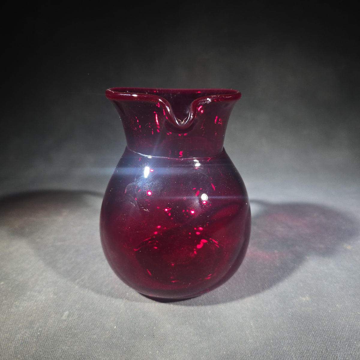 Vintage Cranberry Glass Miniature Pitcher, Signed by Chet Cole
