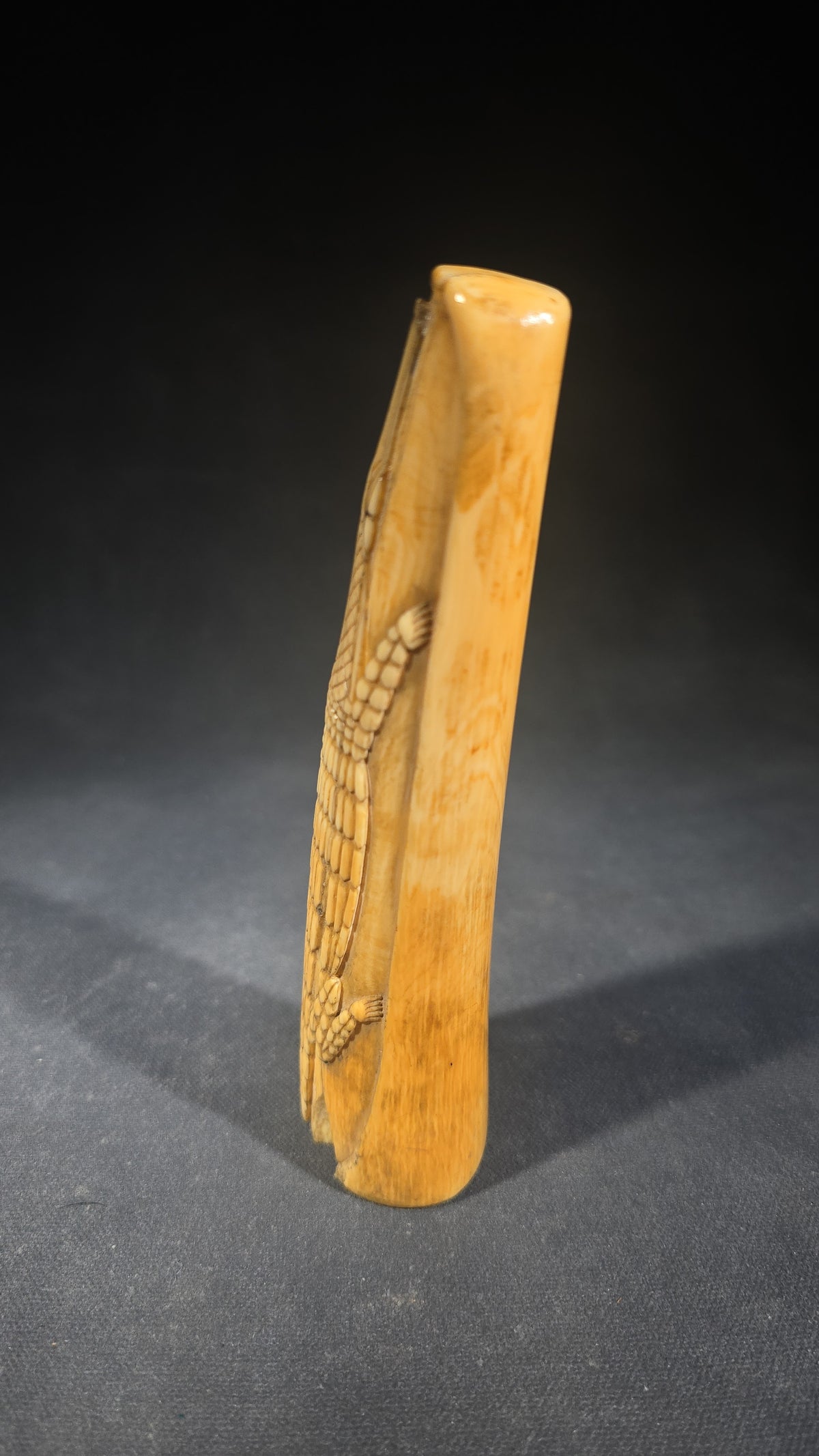 Antique Hand-Carved Ivory Tusk with Crocodile in Relief