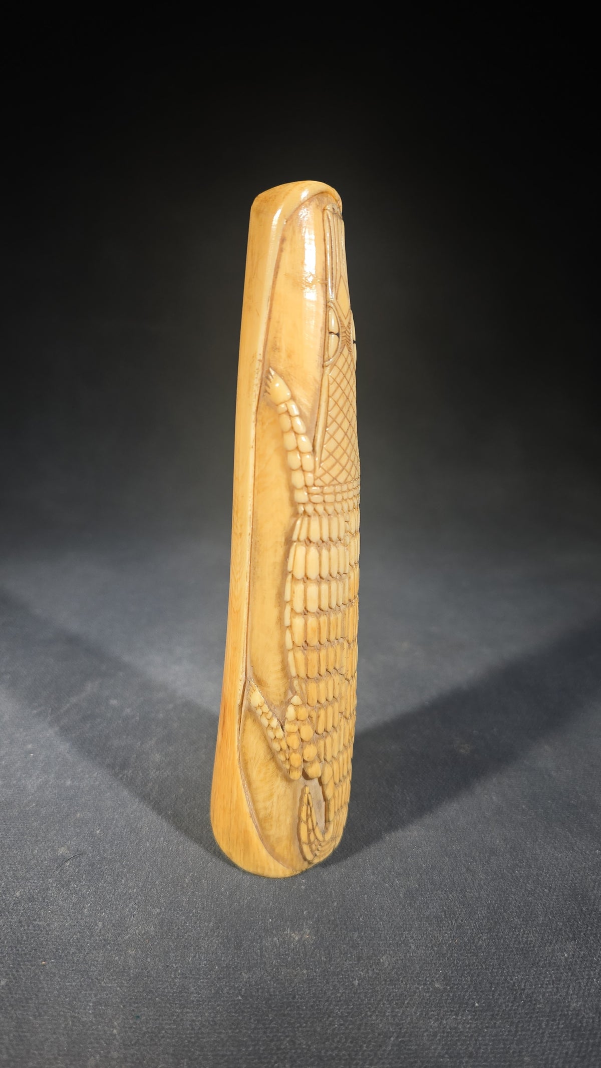 Antique Hand-Carved Ivory Tusk with Crocodile in Relief