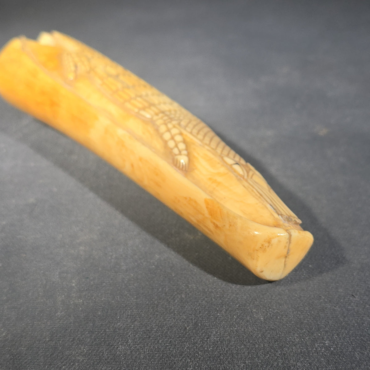 Antique Hand-Carved Ivory Tusk with Crocodile in Relief
