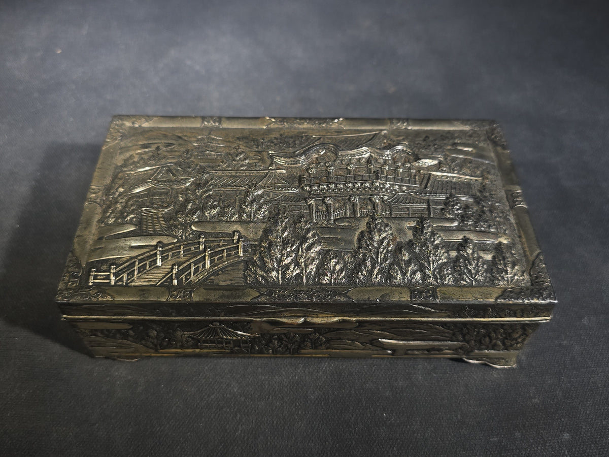Vintage Japanese Metal Trinket Box with Relief Landscape of Pagodas, Bridge, and Trees