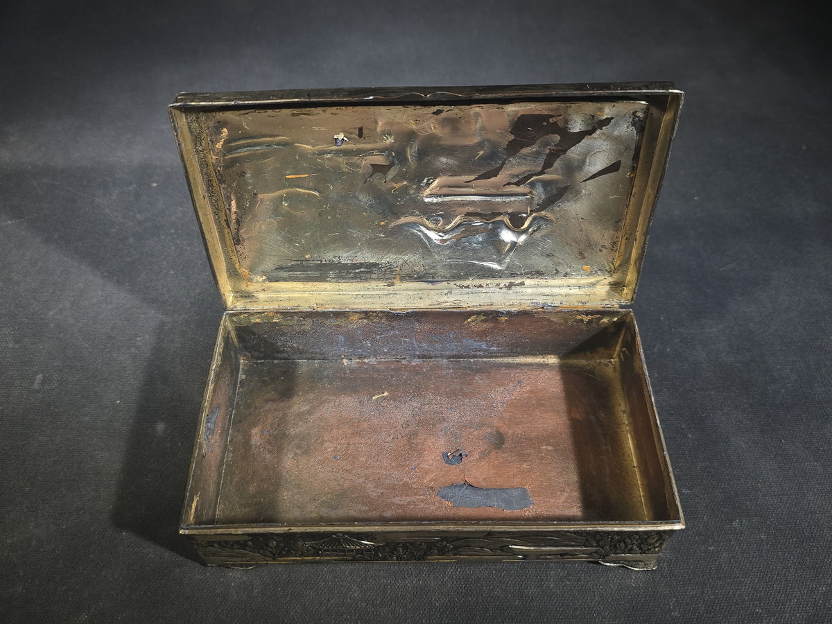 Vintage Japanese Metal Trinket Box with Relief Landscape of Pagodas, Bridge, and Trees