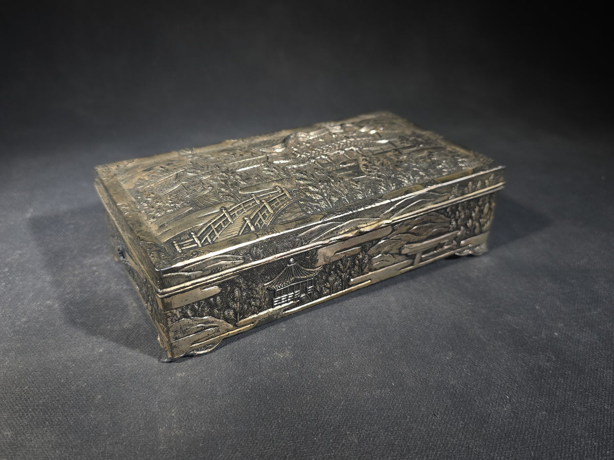 Vintage Japanese Metal Trinket Box with Relief Landscape of Pagodas, Bridge, and Trees