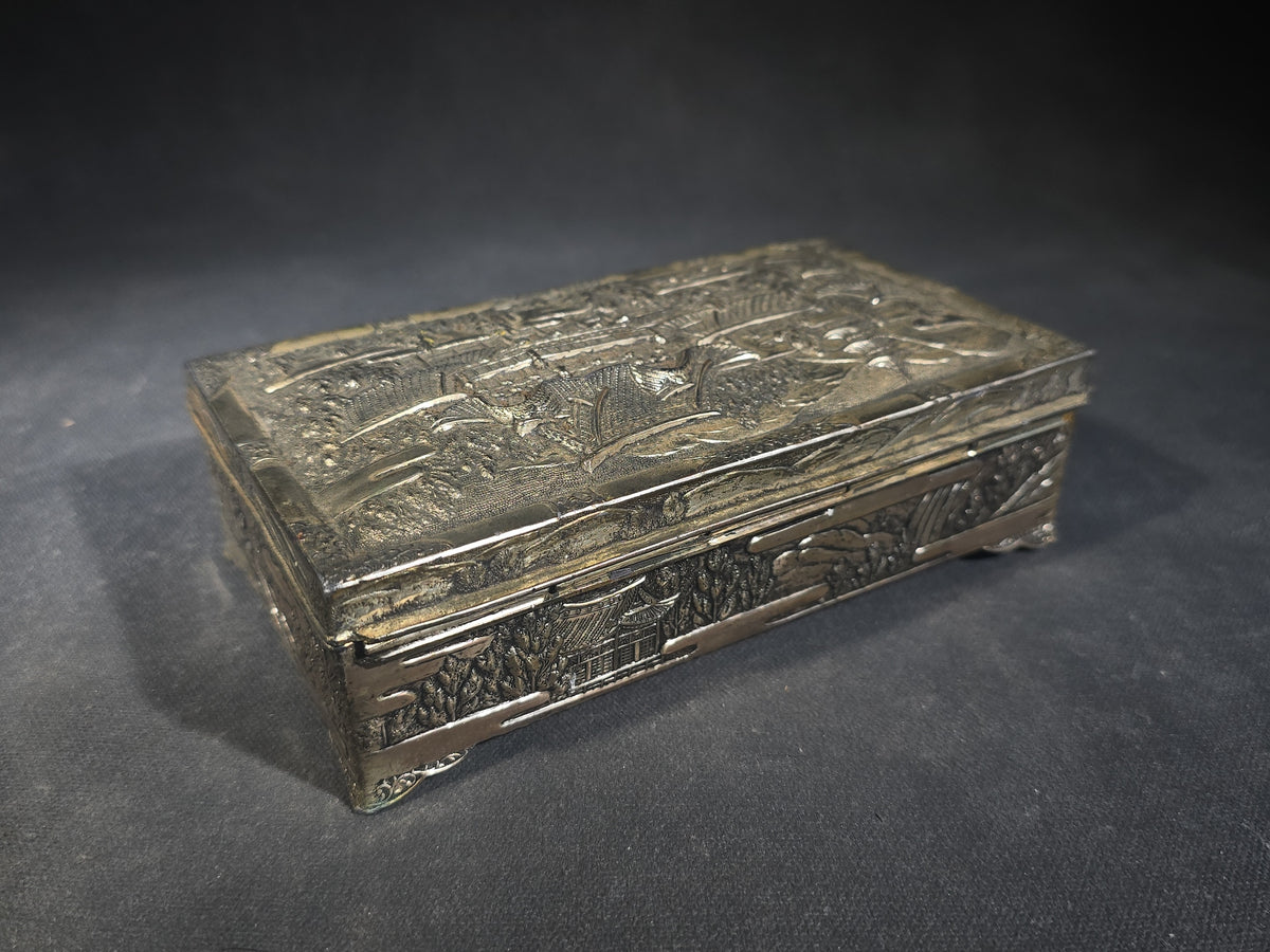 Vintage Japanese Metal Trinket Box with Relief Landscape of Pagodas, Bridge, and Trees
