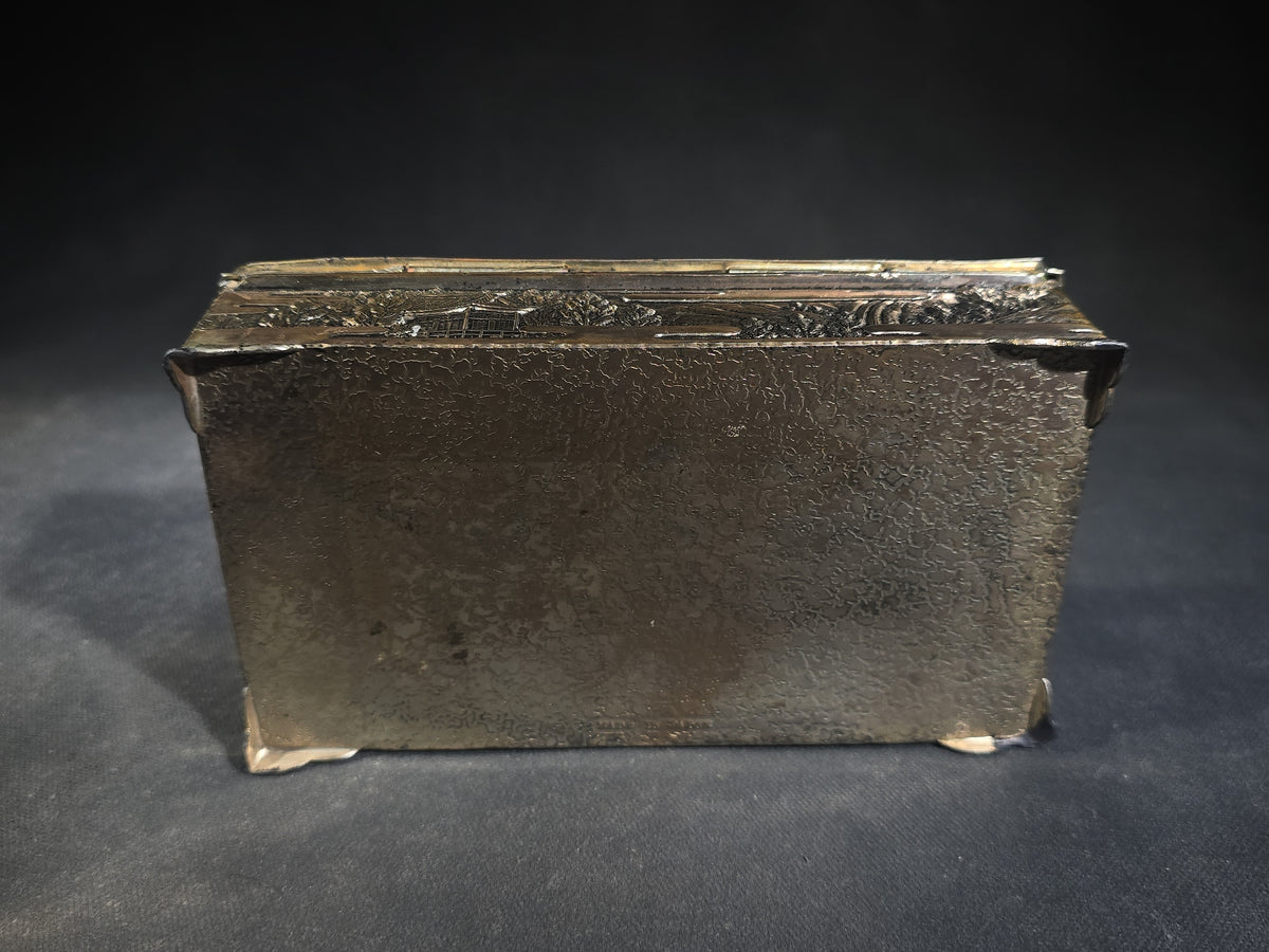 Vintage Japanese Metal Trinket Box with Relief Landscape of Pagodas, Bridge, and Trees