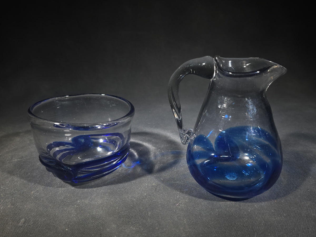 Pair of Vintage Signed Art Glass Creamer and Sugar Bowl with Blue Swirl Design