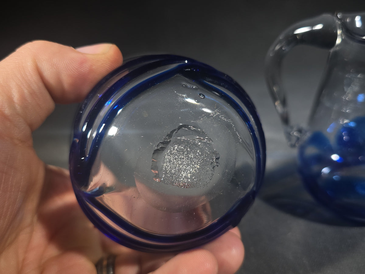 Pair of Vintage Signed Art Glass Creamer and Sugar Bowl with Blue Swirl Design