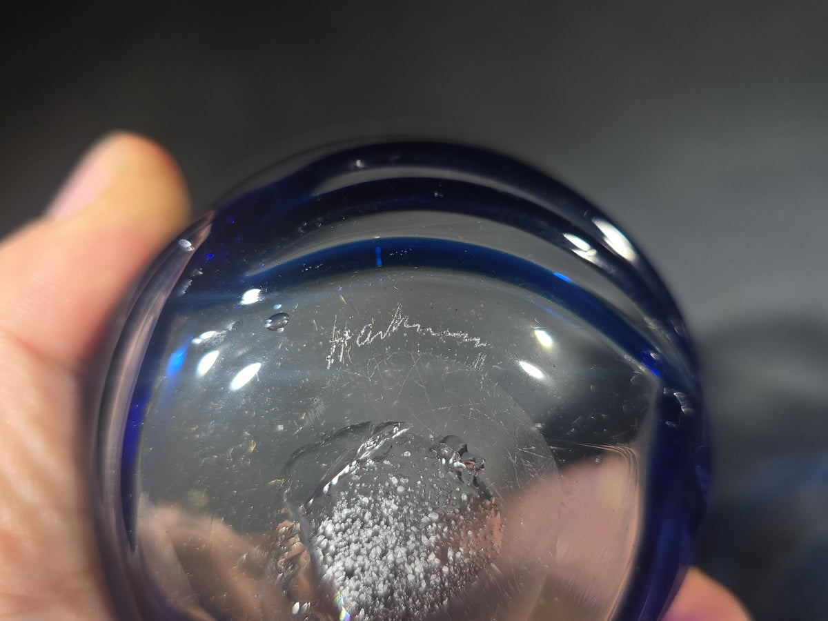 Pair of Vintage Signed Art Glass Creamer and Sugar Bowl with Blue Swirl Design