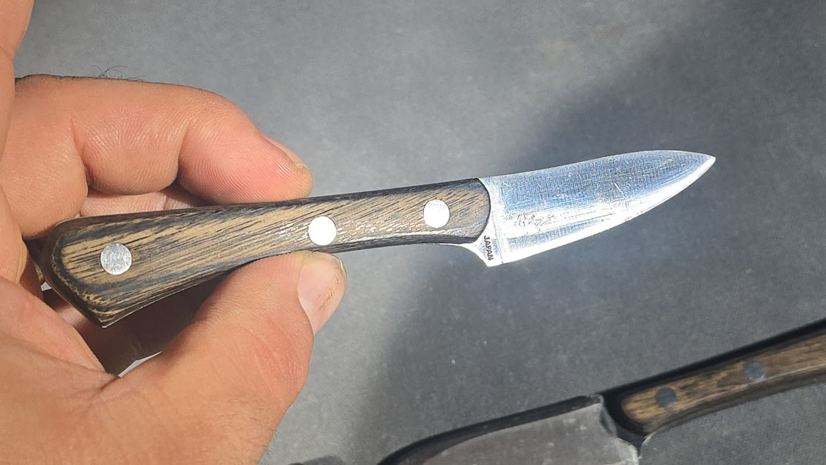 Grouping of Four Modern A.G. Russell Paring Knives with Wood Handles, Made in Japan