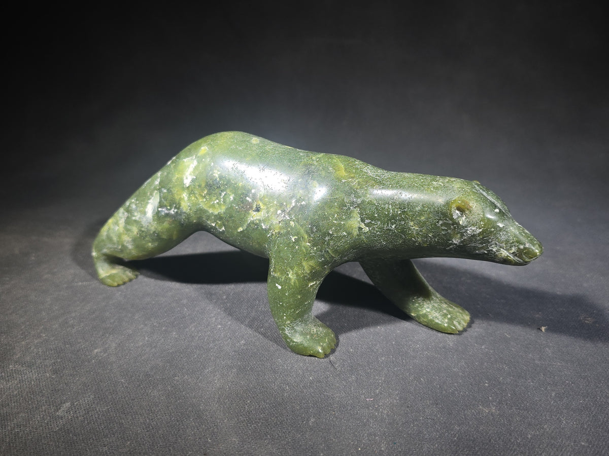 Vintage Inuit Carved Green Soapstone Walking Polar Bear, Signed Pauloosie Adamie