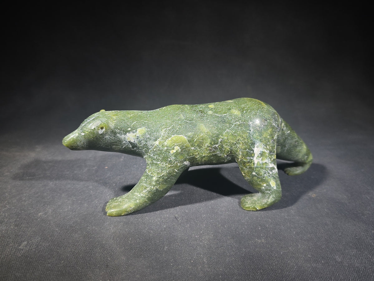 Vintage Inuit Carved Green Soapstone Walking Polar Bear, Signed Pauloosie Adamie