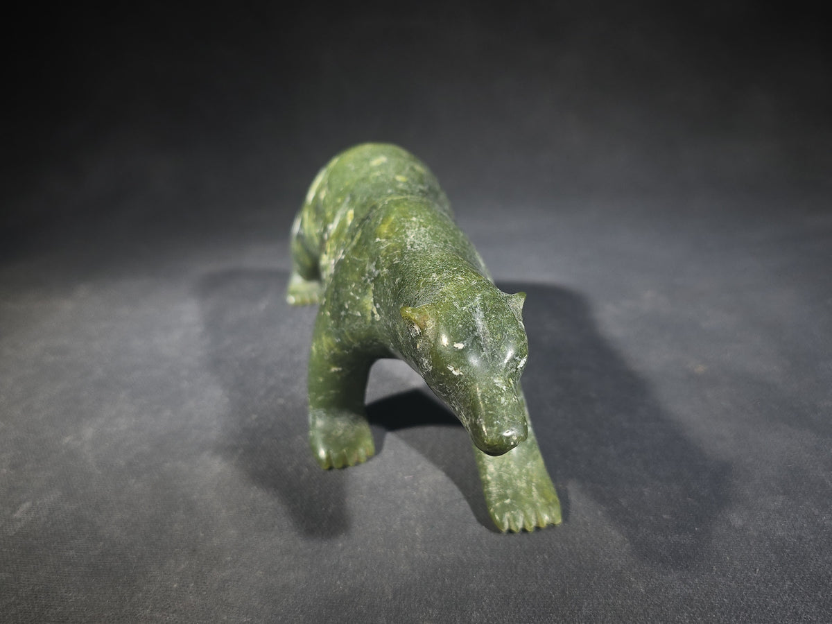 Vintage Inuit Carved Green Soapstone Walking Polar Bear, Signed Pauloosie Adamie